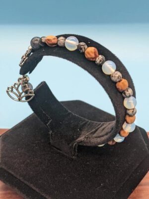 Adakair 7.25-Inch Opalite, Snowflake Obsidian & Navajo Ghost Beads Bracelet with Lotus Charm