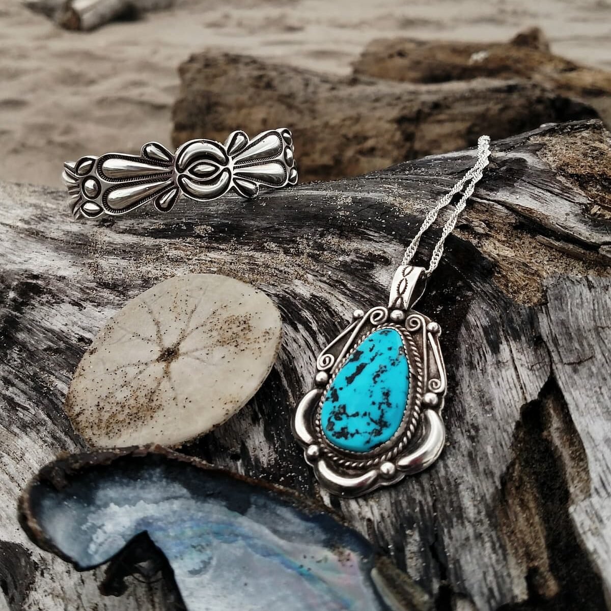 Native American Jewelry By The Adakai Master Silversmith'S Behind Haystack Rock, Or Beach