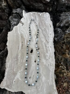 Necklace - White Marbled Bead with Turquoise, Black, Green Silver Glass Beads