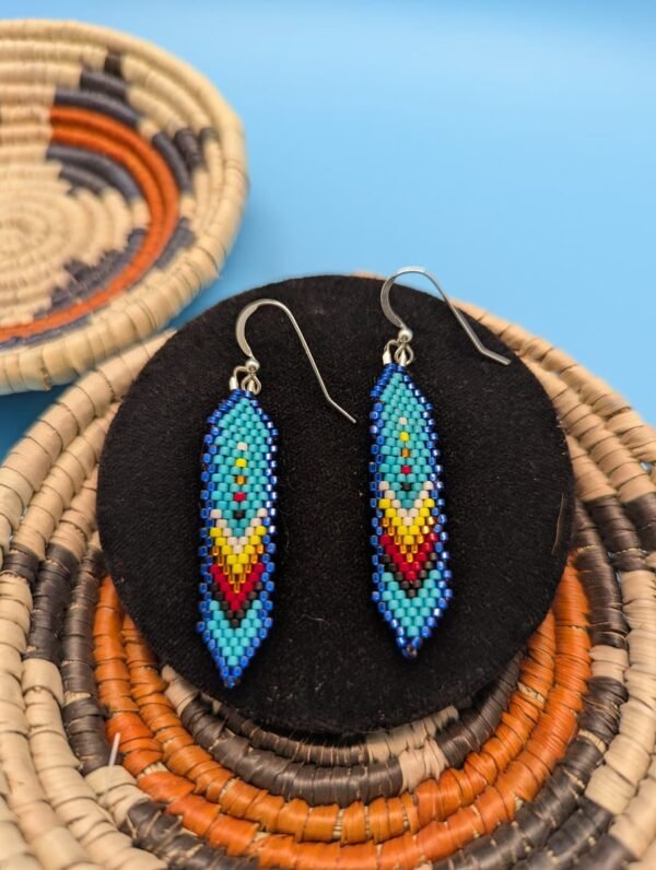 Soulful Blue Canyon Close Up Hand-Beaded Feather Earrings In Blue Canyon With Sterling Silver Hooks, Deep Cobalt And Aqua Gradient With Yellow And Red Chevrons