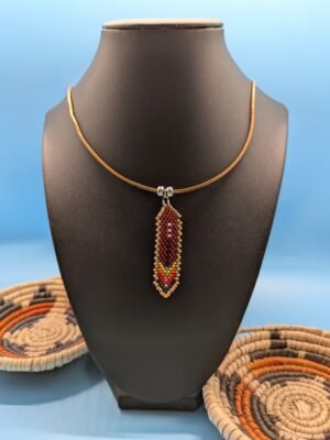 Sandstone Ember Hand beaded feather necklace, Sandstone Ember, red and gold tones with tan edge beads, sterling silver accents on premium leather by Adakair.