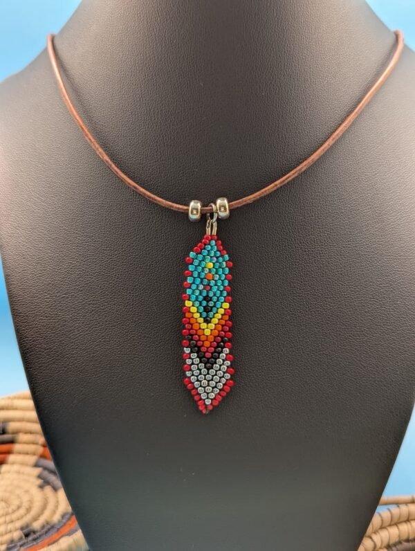 Hand Beaded Feather Necklace, Cinder Sky, Turquoise Top With Red Edging And Silver-Grey Chevrons, Sterling Silver Accents On Leather.