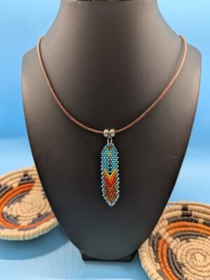 Canyon Sunset , Hand beaded feather necklace, Canyon Sunset, turquoise with warm red-orange gradient, sterling silver accents on premium leather.
