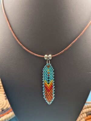Hand beaded feather necklace, Canyon Sunset, turquoise with warm red-orange gradient, sterling silver accents on premium leather.