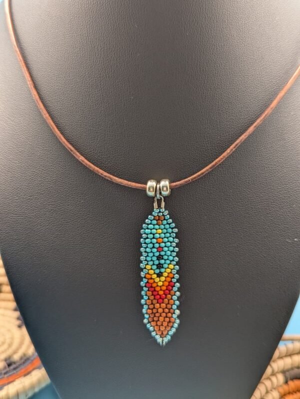Hand Beaded Feather Necklace, Canyon Sunset, Turquoise With Warm Red-Orange Gradient, Sterling Silver Accents On Premium Leather.