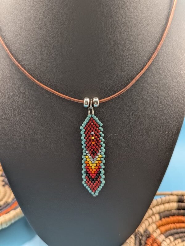 Nightfire , Hand Beaded Feather Necklace, Nightfire, Black And Red With Yellow Highlight And Turquoise Edge, Sterling Silver Accents On Leather.