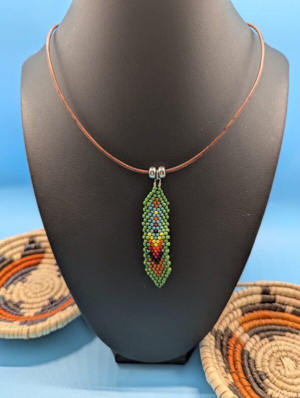Juniper Mesa , Hand Beaded Feather Necklace, Juniper Mesa, Layered Greens With Warm Orange And Magenta Accents, Sterling Silver Accents On Leather.