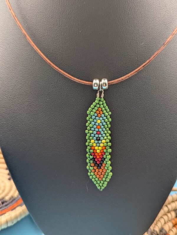 Hand Beaded Feather Necklace, Juniper Mesa, Layered Greens With Warm Orange And Magenta Accents, Sterling Silver Accents On Leather.